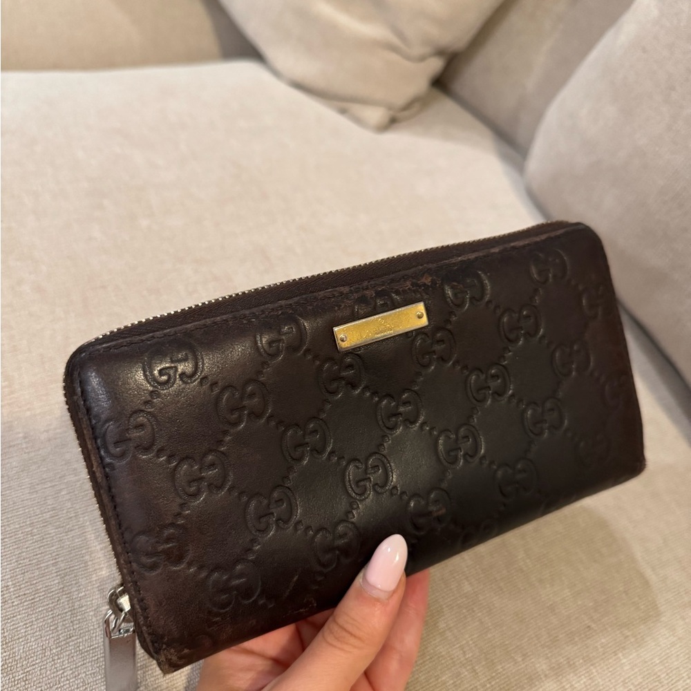 Gucci Dark Brown Embossed Leather Zip Wallet